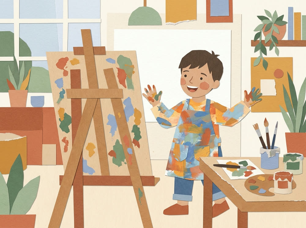Ilustração: criança a pintar num cavalete com as mãos cheias de tinta
