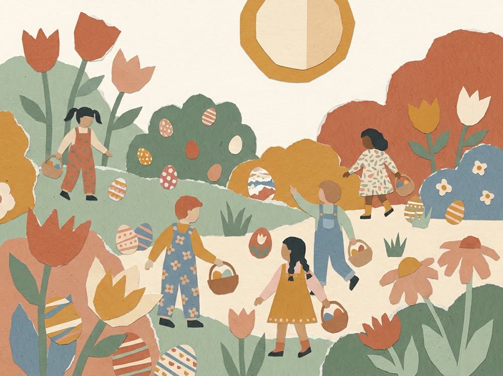 Ilustração: crianças na caça aos ovos da Páscoa no jardim
