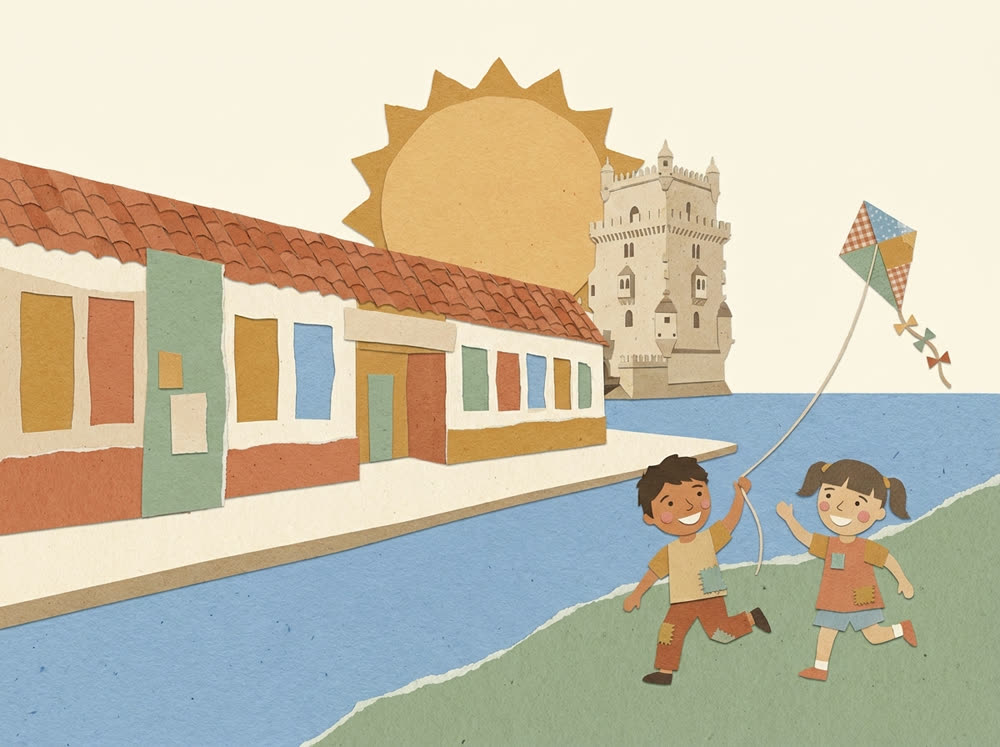 Ilustração em aguarela: o externato em Belém de porta aberta, crianças a brincar no pátio e a Torre de Belém ao fundo