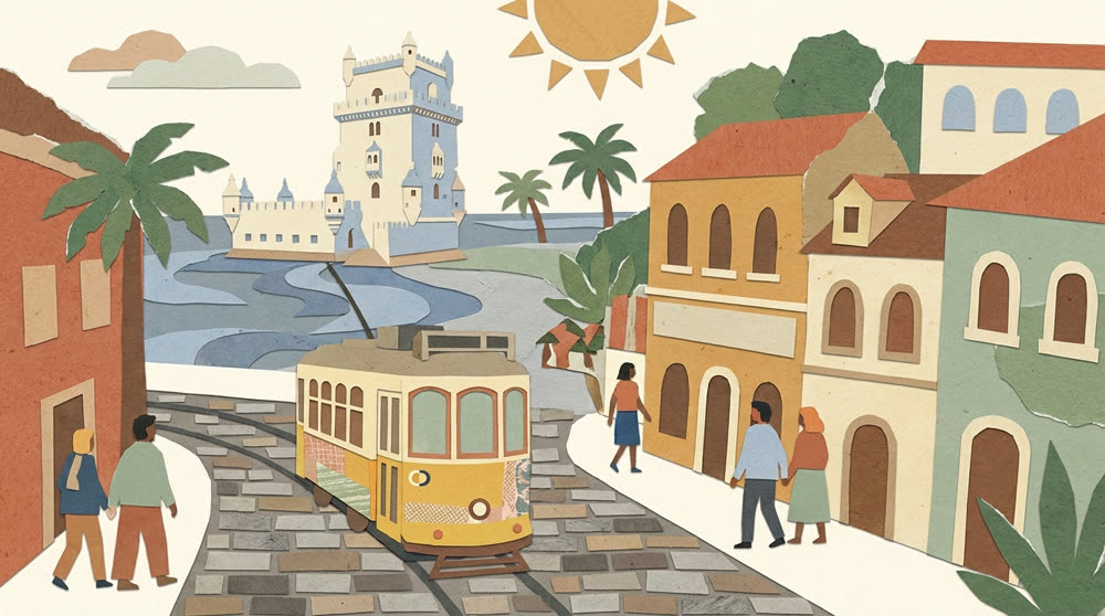 Ilustração em aguarela: rua antiga de Belém com o elétrico amarelo, a Torre ao fundo e uma família a chegar à porta da escola