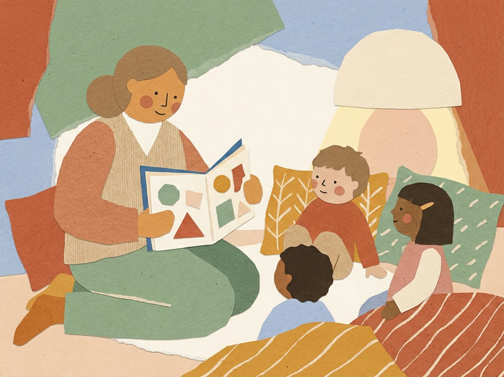 Ilustração: hora das histórias ao fim do dia