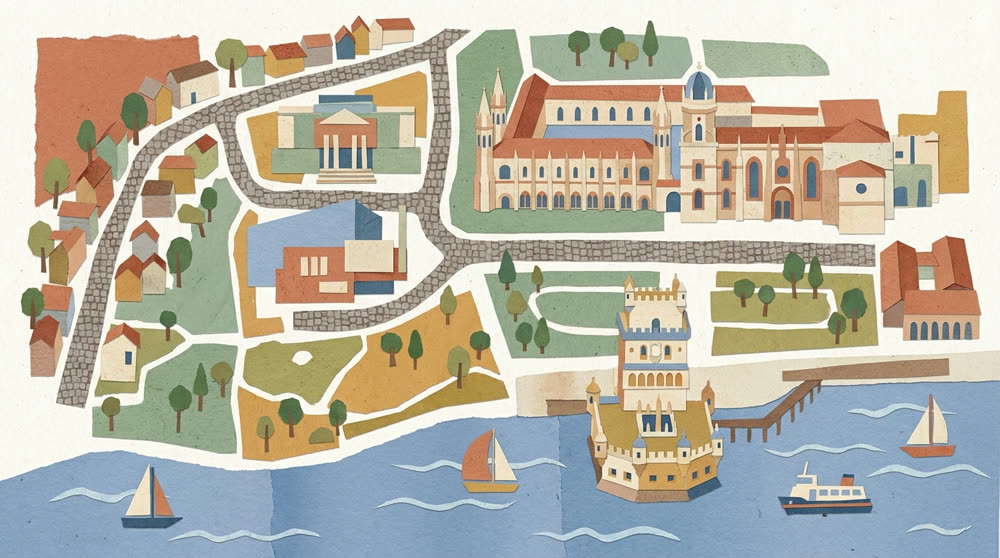 Ilustração em aguarela: mapa do bairro de Belém com a escola ao centro, os Jerónimos, o elétrico, a Torre de Belém e o rio