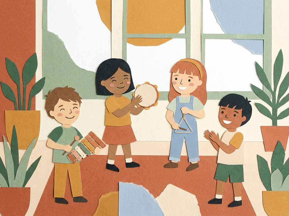 Ilustração: três crianças a tocar música juntas