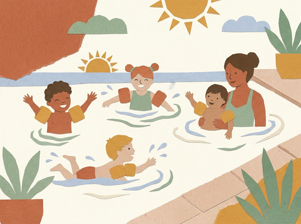 Ilustração: criança a nadar com boia e óculos