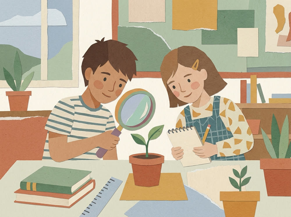 Ilustração em aguarela: dois alunos a observar uma plântula com uma lupa e a tomar notas