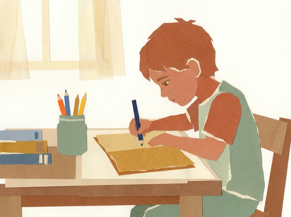 Ilustração em aguarela: aluno do 1.º ciclo concentrado a escrever no caderno
